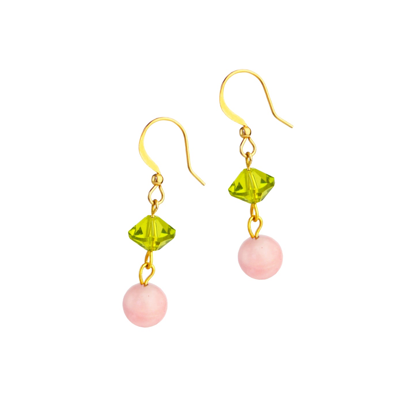 Liza Gold Dangle Earrings in Peridot Crystal and Rose Quartz